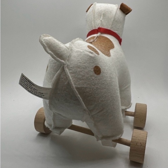 Adorable White and Brown Dog Pull Toy natural wood wheels felt body. - Picture 3 of 5